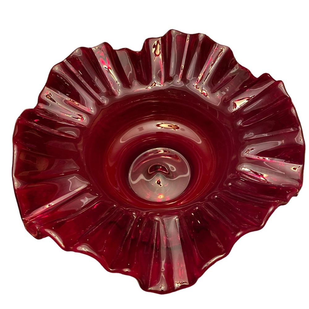 Vintage Fenton Ruby Red Thumbprint Glass Compote Ruffled Candy Dish - Picture 9 of 14